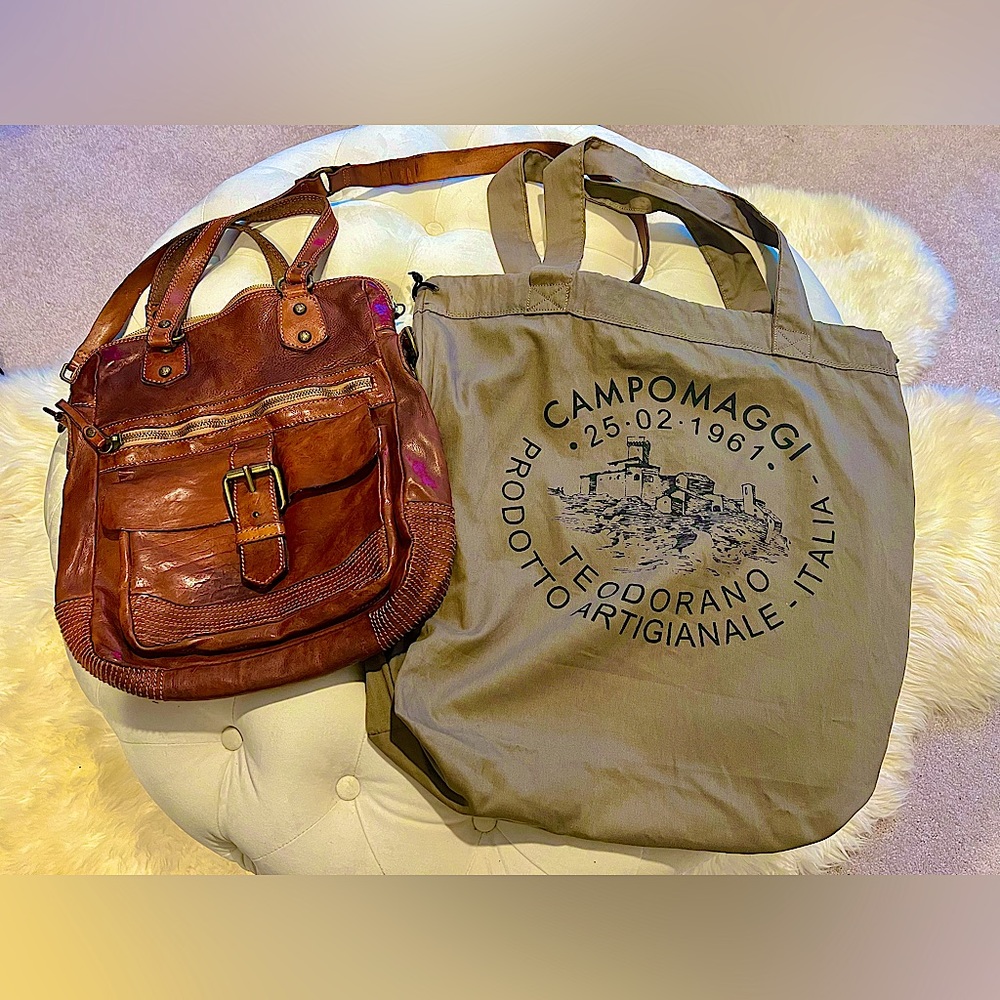 Campomaggi Brown Leather and Tan Canvas Tote Bag Set